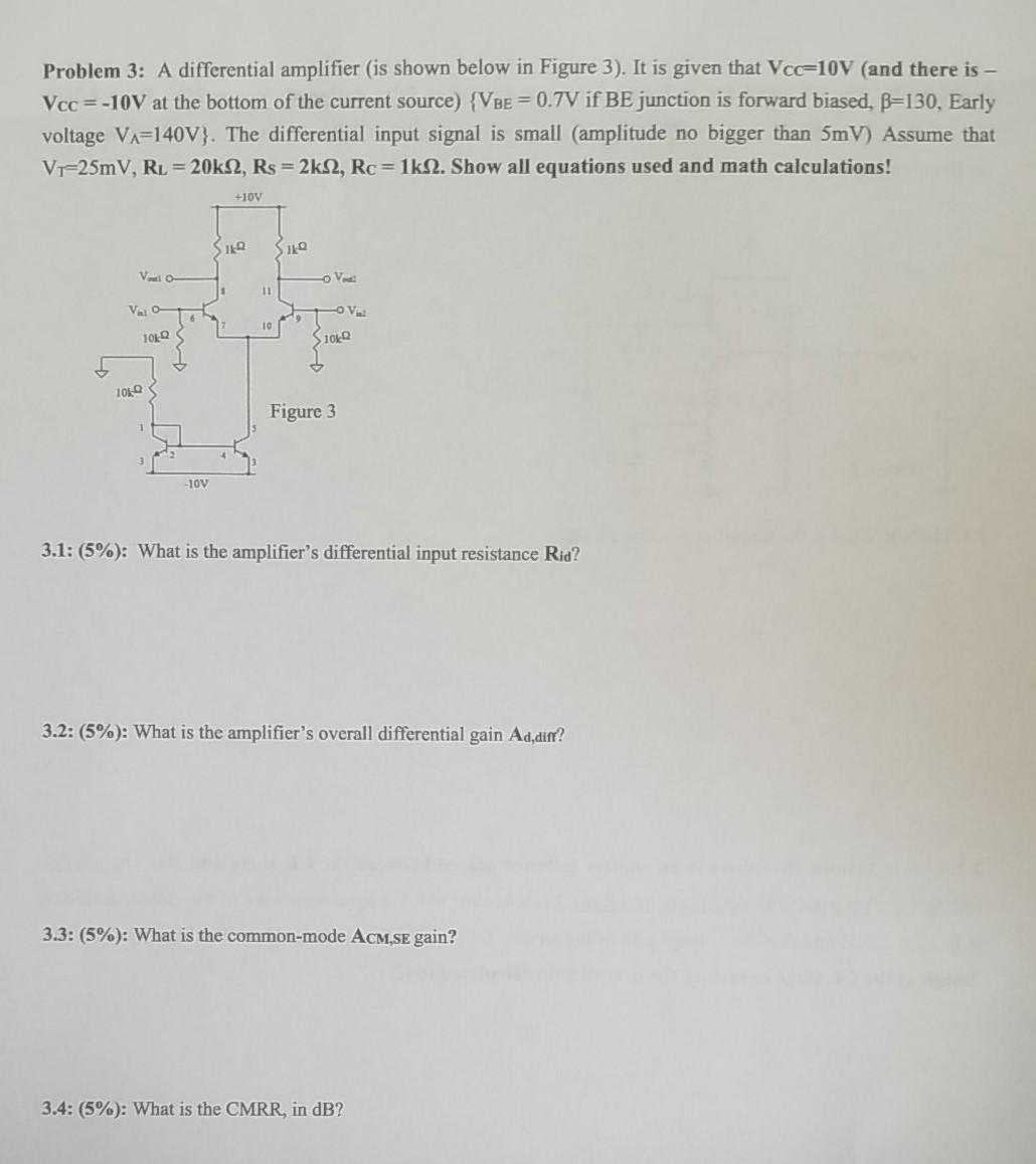 Solved Problem 3: A differential amplifier is shown below in | Chegg.com