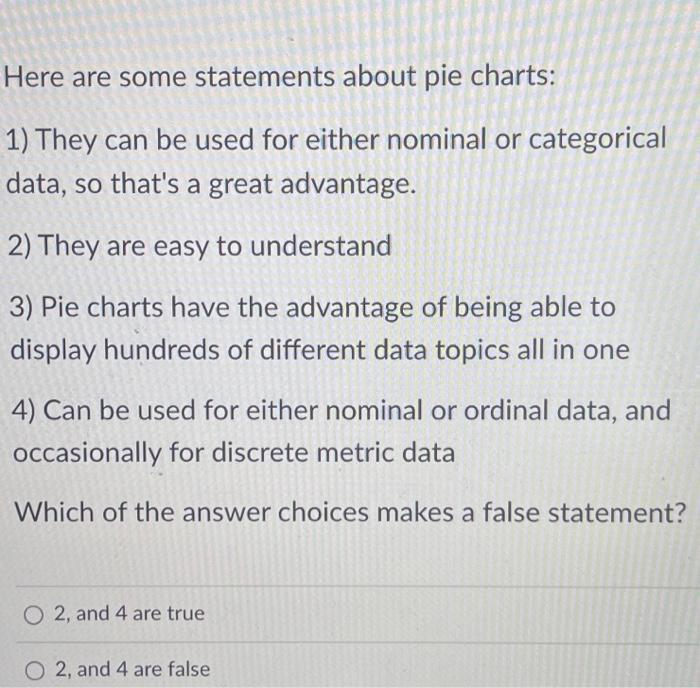 Solved Here are some statements about pie charts: 1) They | Chegg.com