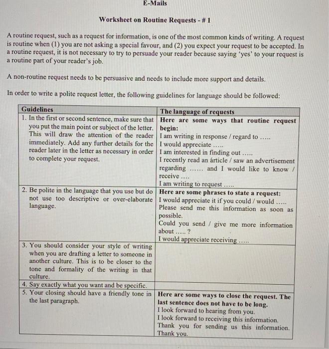 Solved E-Mails Worksheet on Routine Requests - #1 A routine | Chegg.com