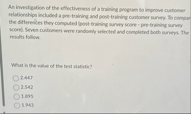 Solved An investigation of the effectiveness of a training | Chegg.com
