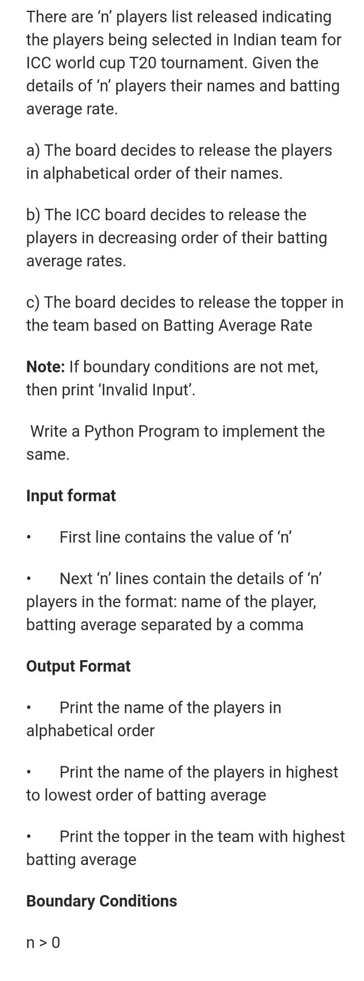 Solved There are 'n' players list released indicating the | Chegg.com