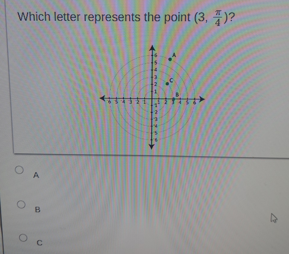 Solved Which letter represents the point (3,π4)?ABC | Chegg.com