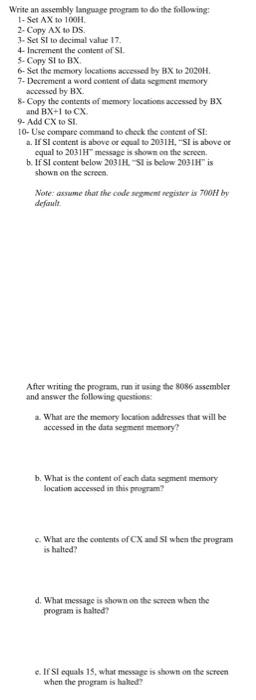 Write an assembly language program to do the | Chegg.com