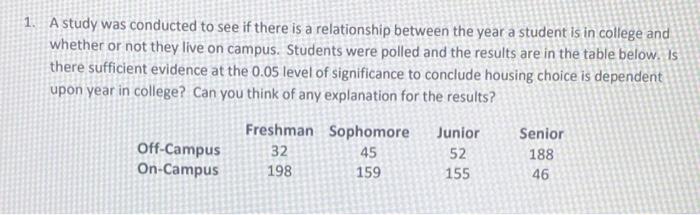 Solved 1. A study was conducted to see if there is a | Chegg.com