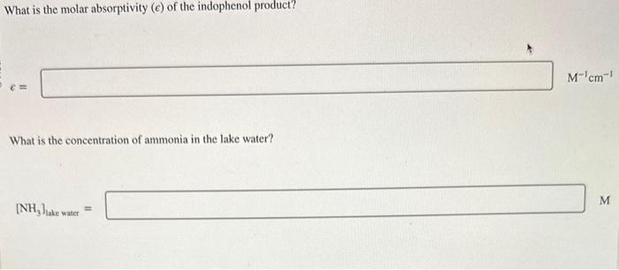 What is the molar absorptivity \( (\varepsilon) \) of the indophenol product?
c)
What is the concentration of ammonia in the