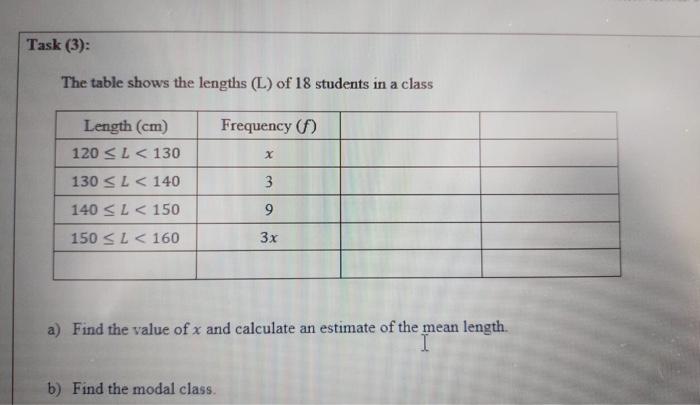 Solved Task (3): The table shows the lengths (L) of 18 | Chegg.com