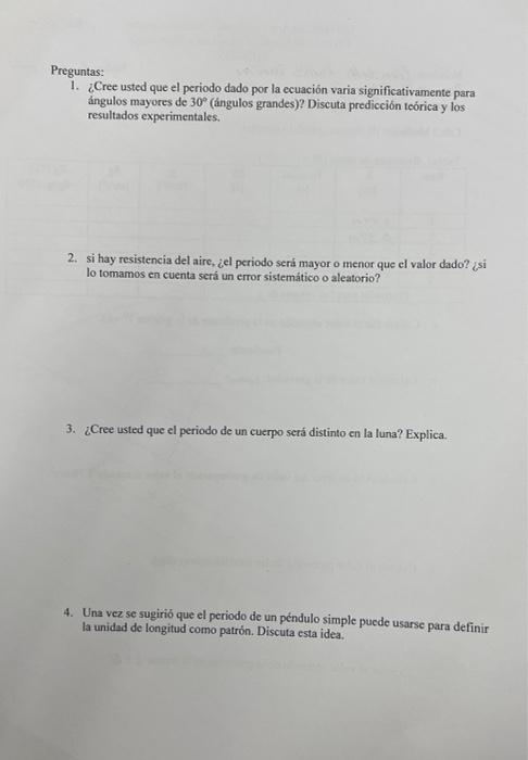 Preguntas: 1. ¿Cree usted que el periodo dado por la ecuación varia significativamente para ángulos mayores de \( 30^{\circ}