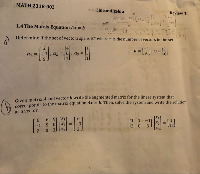 Math 2318 Solved MATH 2318-002 sid Linear Algebra verlo 2020. Review 1 | Chegg.com