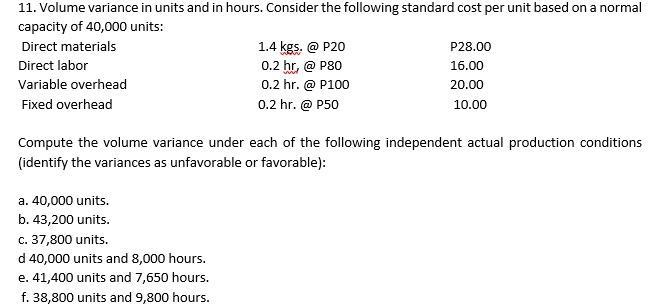 Solved 11. Volume variance in units and in hours. Consider | Chegg.com