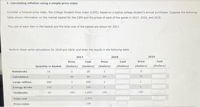 Solved 1. Calculating inflation using a simple price index | Chegg.com