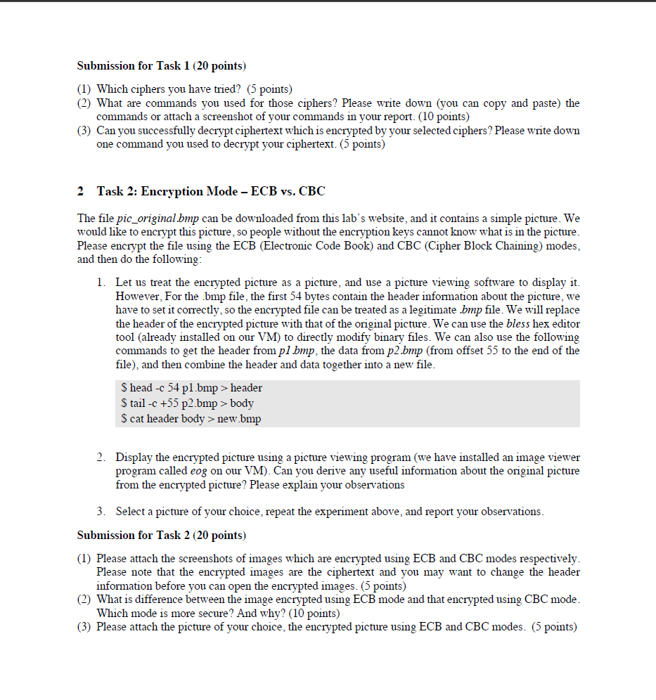Solved Submission for Task 1 ( 20 ﻿points)(1) ﻿Which ciphers | Chegg.com