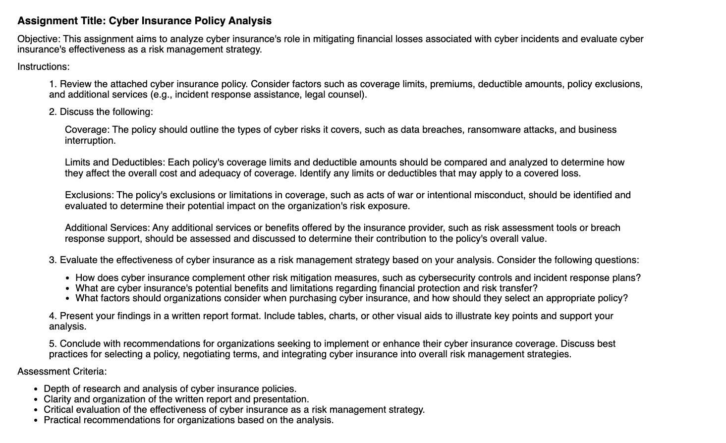 Solved Assignment Title: Cyber Insurance Policy | Chegg.com