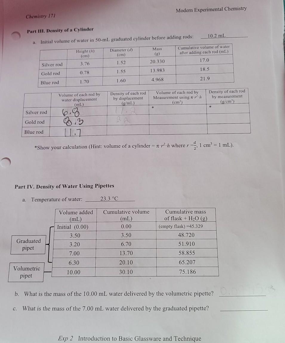 Solved Introduction to Basic Glassware and Technique DATA