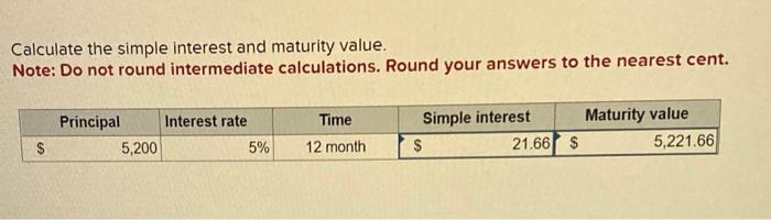 Calculate the simple interest and maturity value.
Note: Do not round intermediate calculations. Round your answers to the nea
