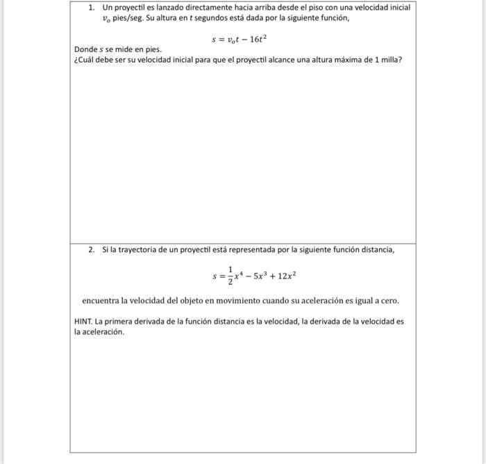 1. Un proyectil es lanzado directamente hacia arriba desde el piso con una velocidad inicial \( v_{o} \) pies/seg. Su altura