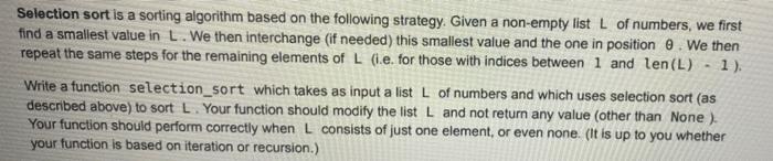Solved Selection sort is a sorting algorithm based on the | Chegg.com