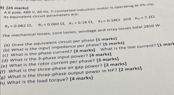 A 6 pole, 480 V,60 Hz,Y-connected induction motor is | Chegg.com