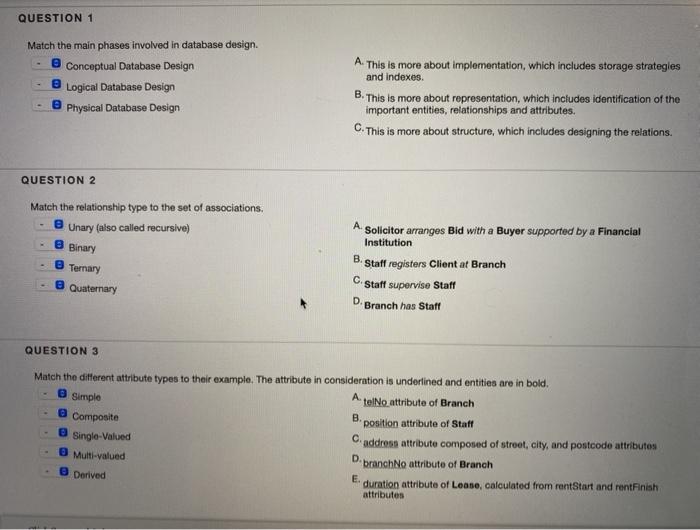 Solved QUESTION 1 Match the main phases involved in database | Chegg.com