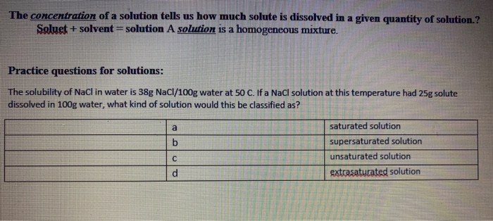 Solved The concentration of a solution tells us how much | Chegg.com