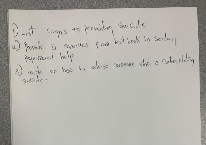 (2) Provide 5 avenues From I List Signs to prevention surciale teat book to seeking Professional help on how to advise someon