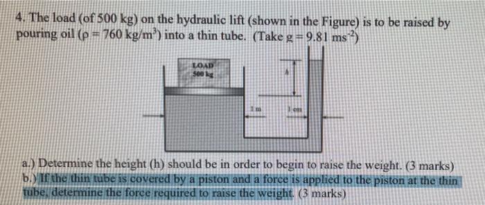 Solved 4. The load (of 500 kg) on the hydraulic lift (shown | Chegg.com