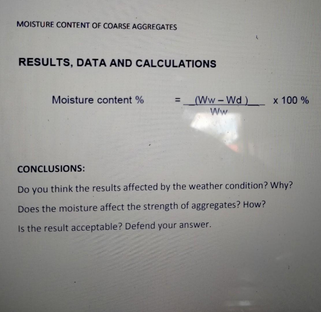 Solved MOISTURE CONTENT OF COARSE AGGREGATES RESULTS, DATA