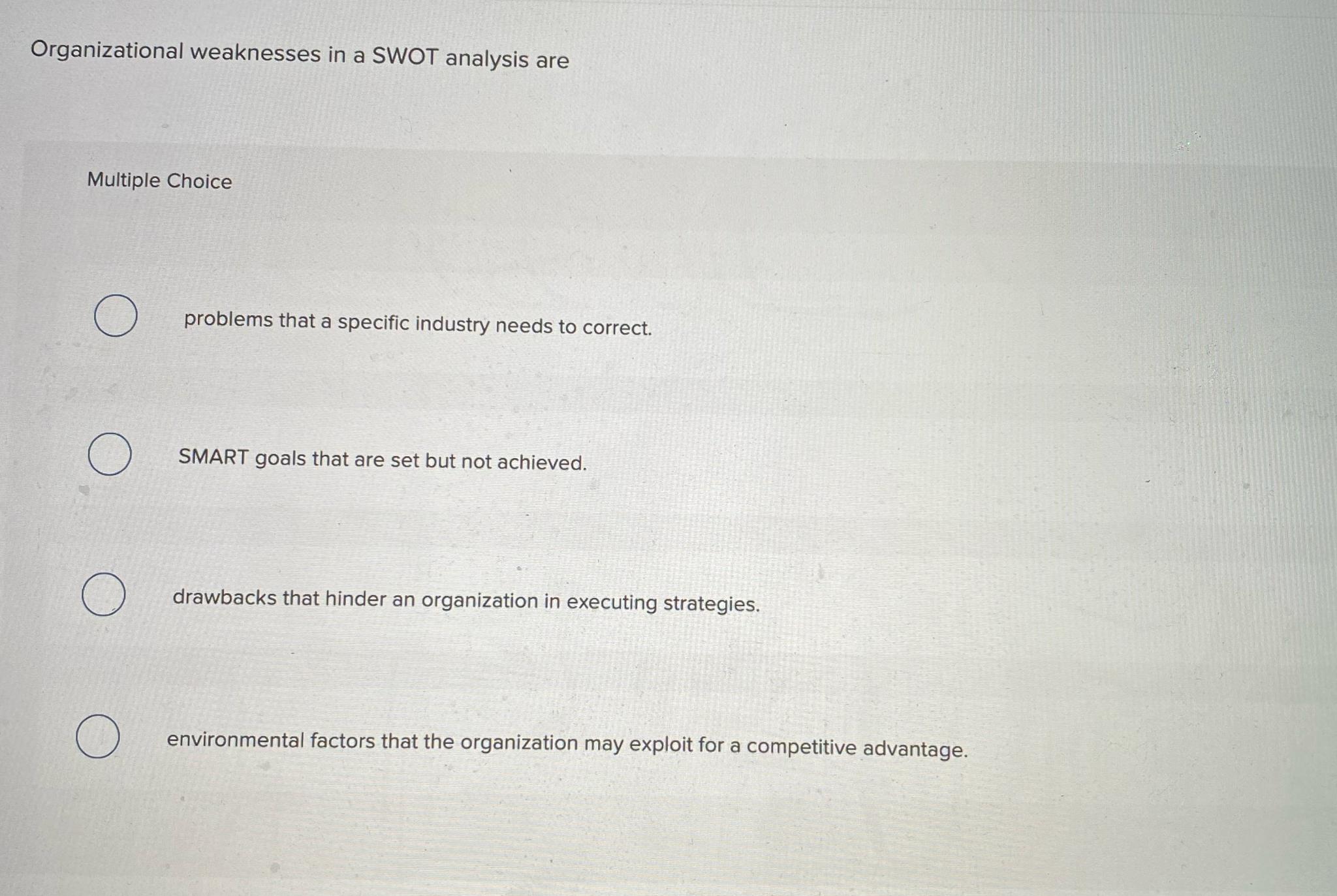 Solved Organizational weaknesses in a SWOT analysis | Chegg.com