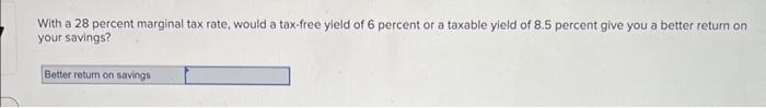 Solved With a 28 percent marginal tax rate, would a tax-free | Chegg.com