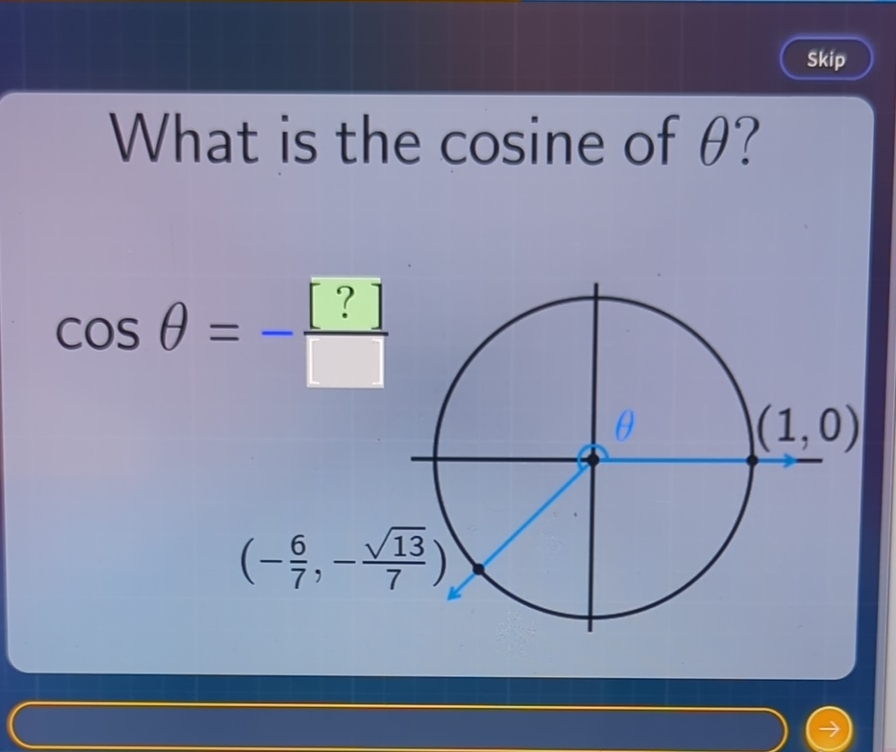 Solved What is the cosine of θ ?cosθ=-[?](-67,-1327)(1,0) | Chegg.com