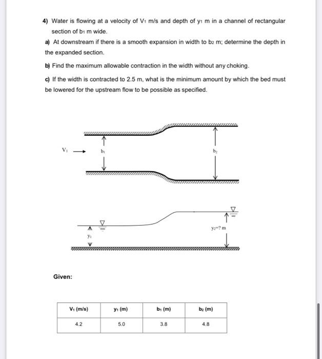 Solved 4) Water is flowing at a velocity of V1 m/s and depth | Chegg.com