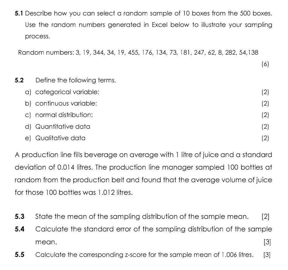 Solved 5.1 Describe how you can select a random sample of 10 | Chegg.com