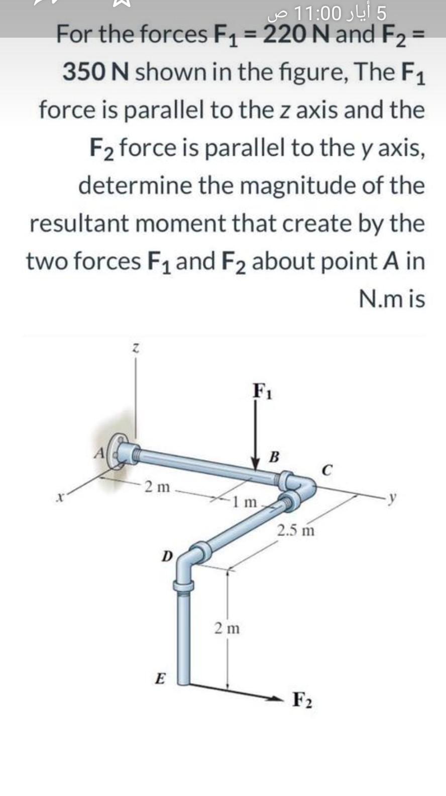 Solved 5 أيار 11:00 ص For the forces F1 = 220 N and F2 = 350 | Chegg.com