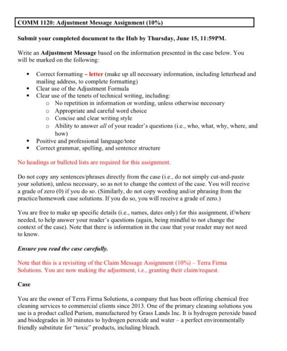 COMM 1120: Adjustment Message Assignment (10\%) | Chegg.com