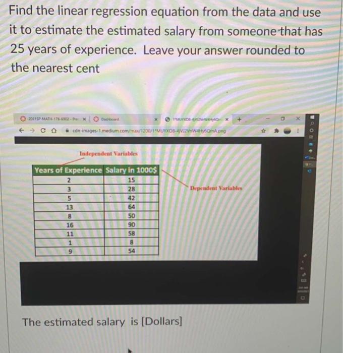 Solved Find the linear regression equation from the data and | Chegg.com