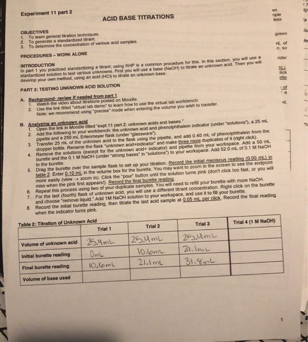 Solved Experiment 11 part 2 ACID BASE TITRATIONS less
