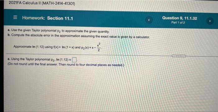 Solved 2021FA Calculus II (MATH-2414-41301) = Homework: | Chegg.com