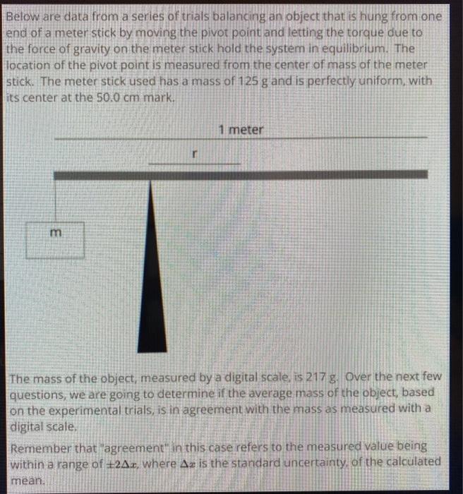 Solved Below are data from a series of trials balancing an