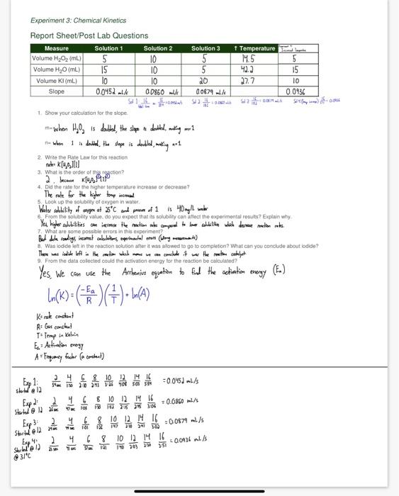 Experiment 3: Chemical Kinetics Report Sheet/Post Lab | Chegg.com