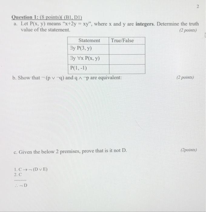 Solved 2 Question 1: (8 Points)((B1, D1) A. Let P(x, Y) | Chegg.com