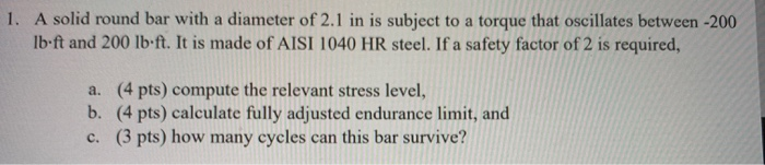 Solved 1. A solid round bar with a diameter of 2.1 in is | Chegg.com