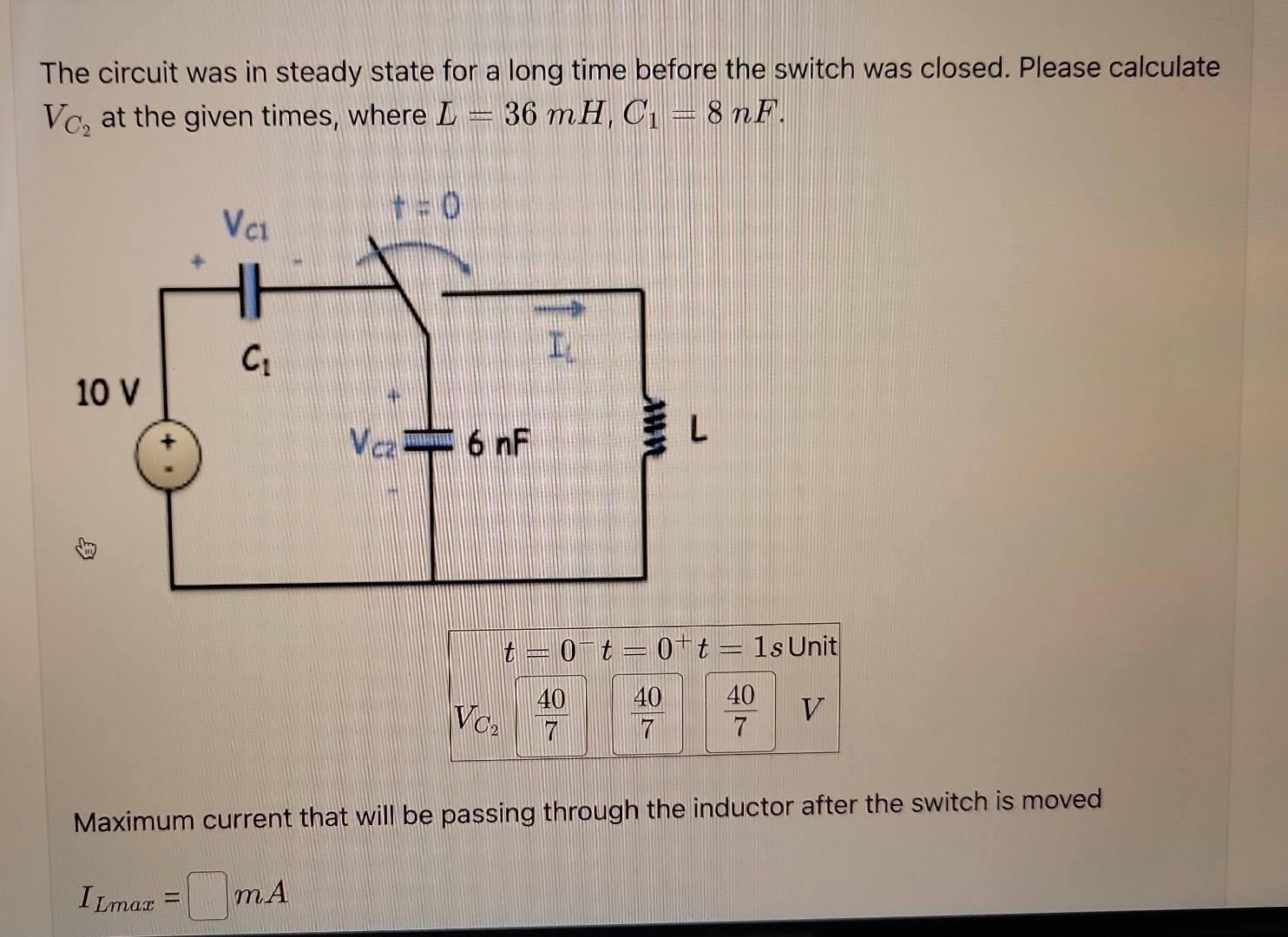 Solved The circuit was in steady state for a long time | Chegg.com