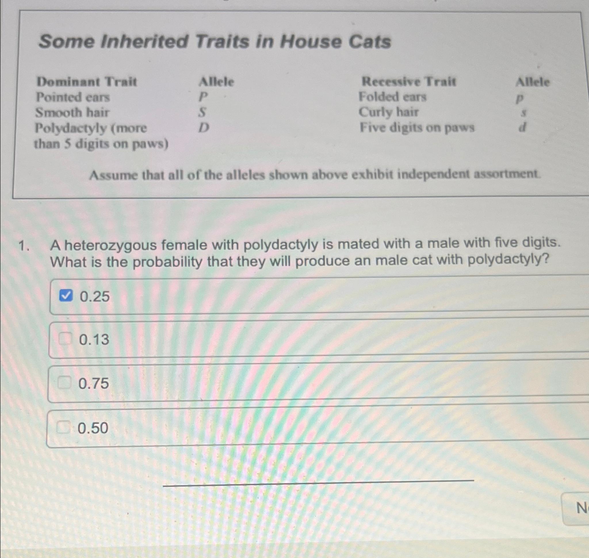 Solved Some Inherited Traits in House Cats\table[[Dominant