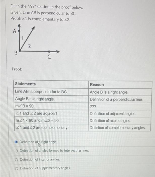 Solved Fill in the "???" section in the proof below. Given: | Chegg.com