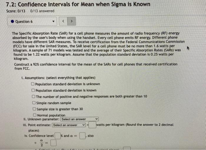 Solved 7.2: Confidence Intervals for Mean when Sigma is | Chegg.com