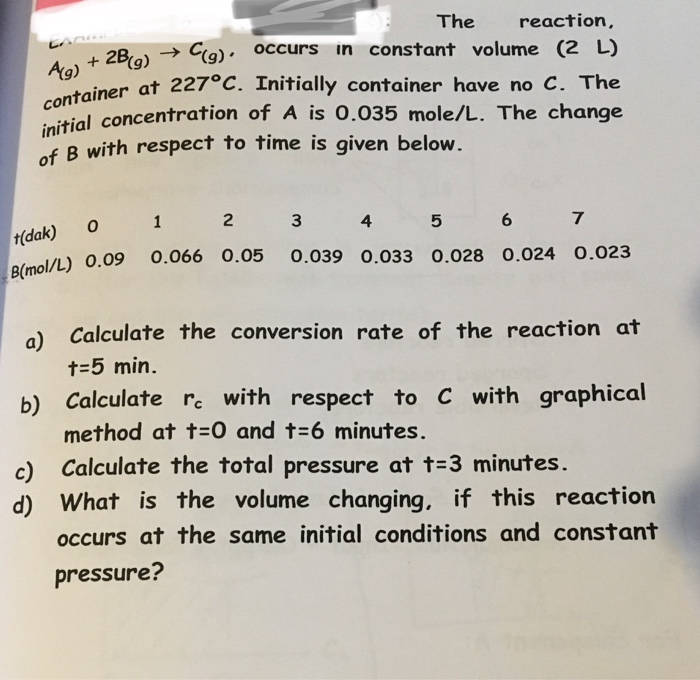 Solved The reaction, 2B → Cg) occurs in constant volume (2 | Chegg.com