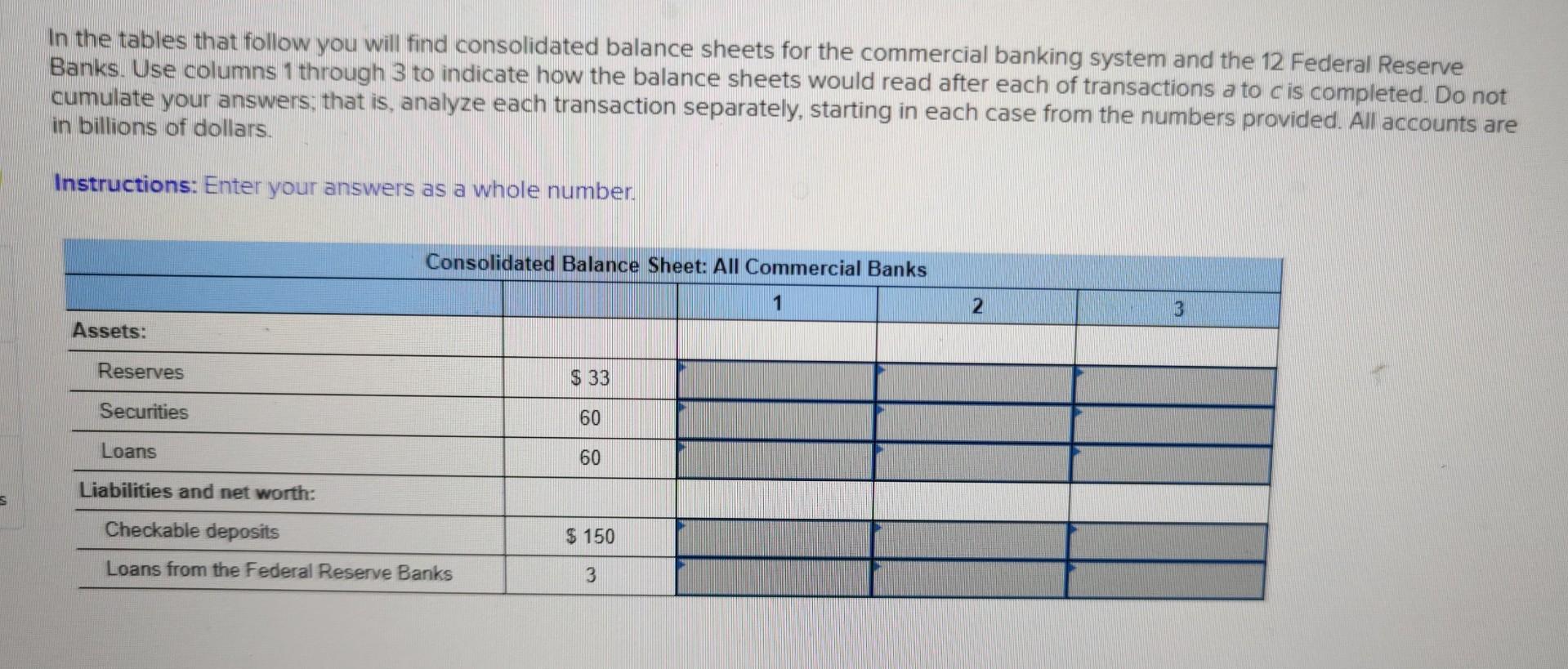 In the tables that follow you will find consolidated balance sheets for the commercial banking system and the 12 Federal Rese