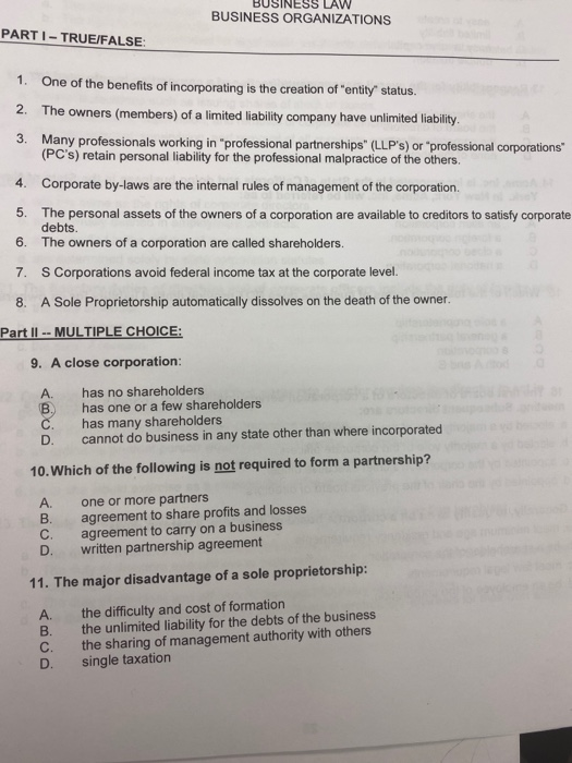 Solved BUSINESS LAW BUSINESS ORGANIZATIONS PARTI-TRUE/FALSE: | Chegg.com