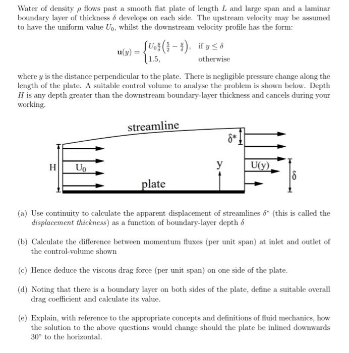 Solved Water of density ρ flows past a smooth flat plate of | Chegg.com