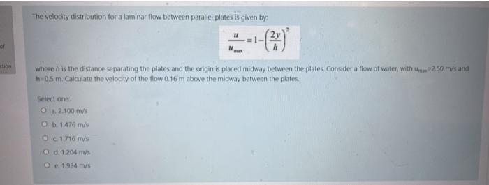 Solved The velocity distribution for a laminar flow between | Chegg.com