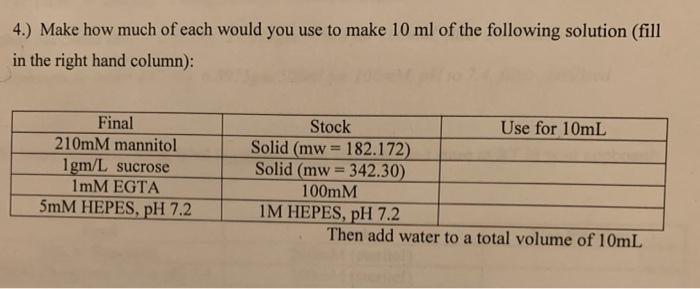 Solved 4.) Make how much of each would you use to make 10 ml | Chegg.com
